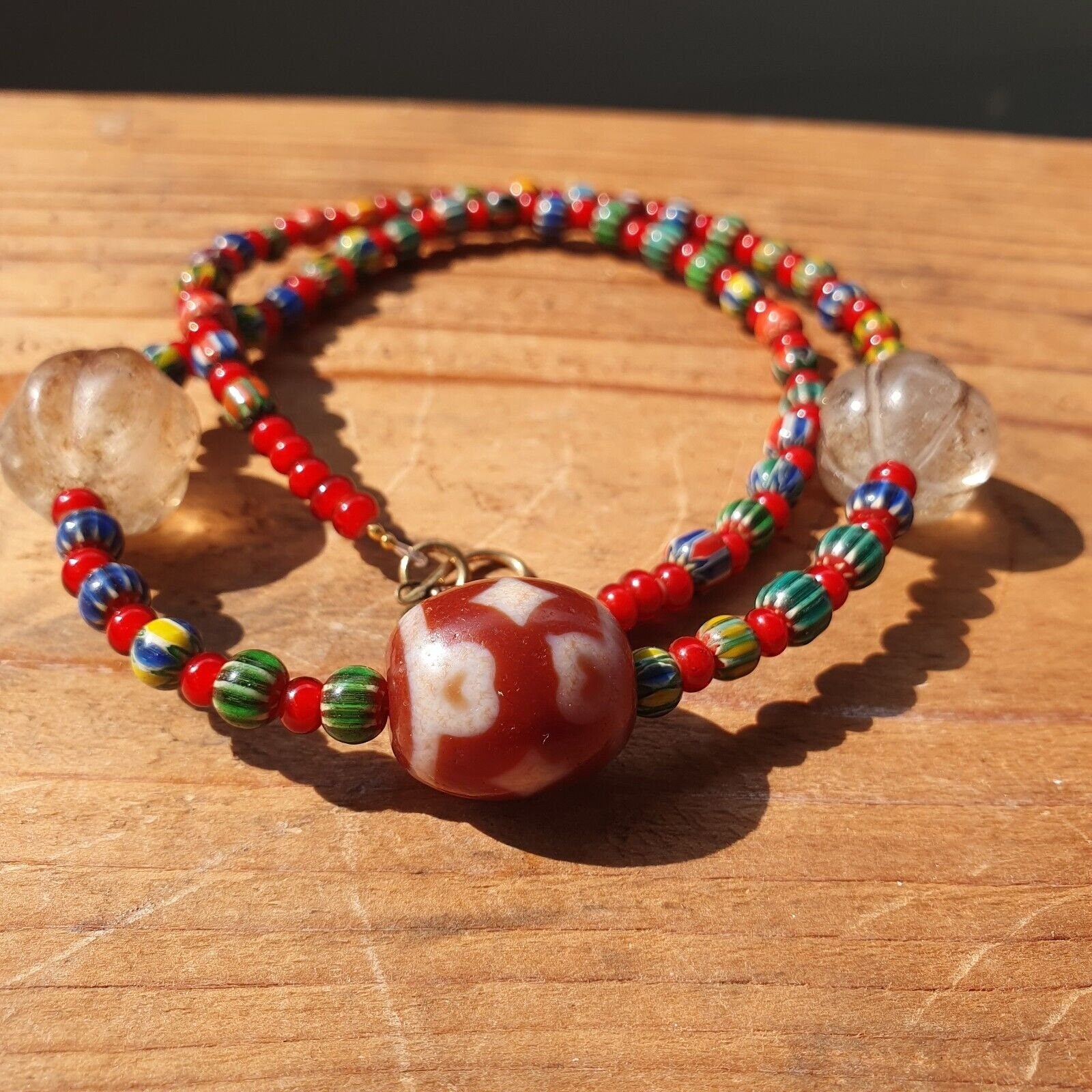 Himalayan crystals, chevron & tibetan red agate dzi spiritual amulet necklace
