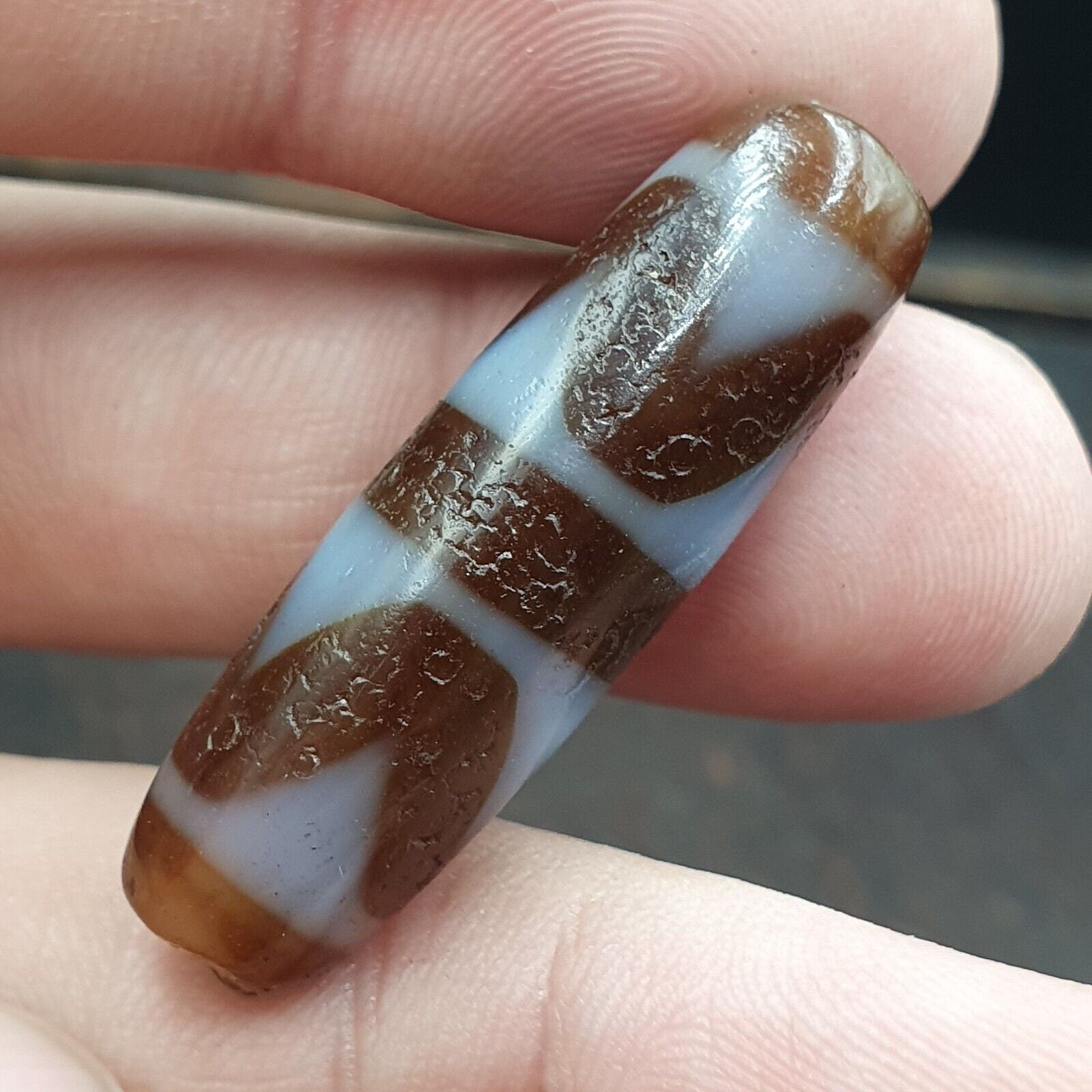 Double ripple totem antique tibetan agate dzi bead amulet very rare bead