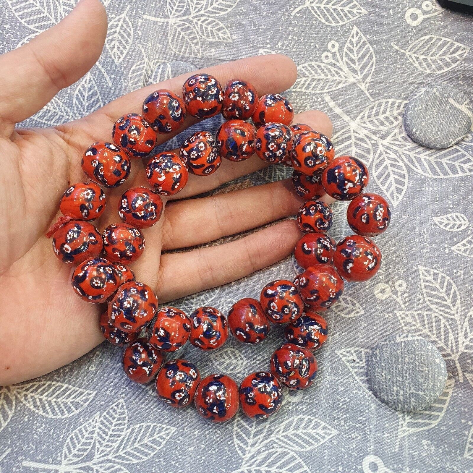 Red floral art deco venrano millefiori glass beads strandGift