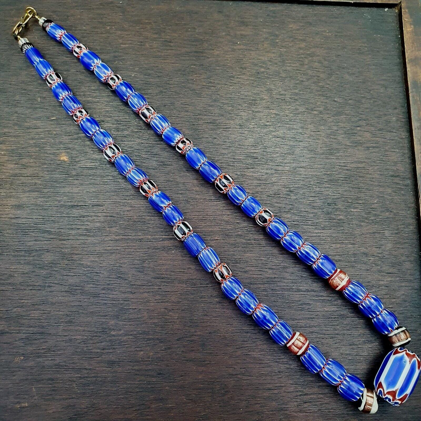 Vintage six layers chevron venetian style blue chevron beads necklace bcn-3