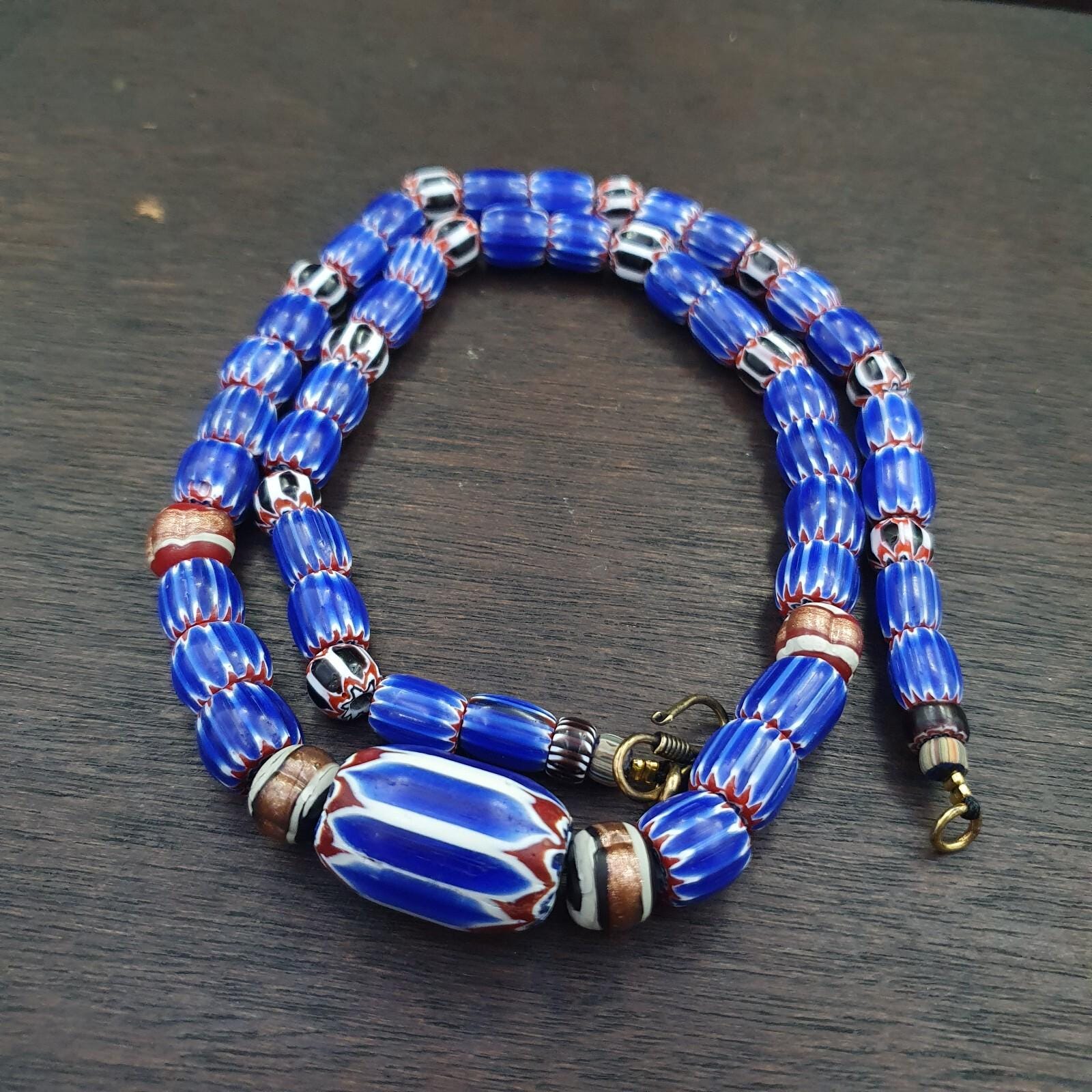 Vintage six layers chevron venetian style blue chevron beads necklace bcn-3