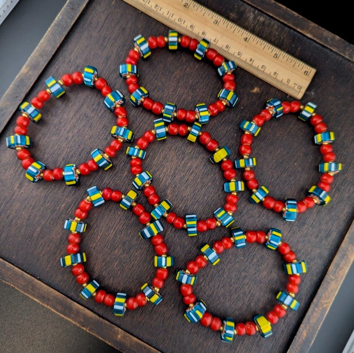 8mm antique venetian cranberry red white heart chevron beads bracelet