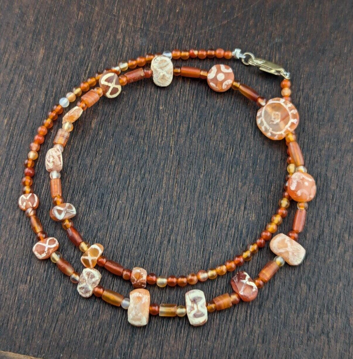 Ancient etched agate bead decorated carnelian beads necklace