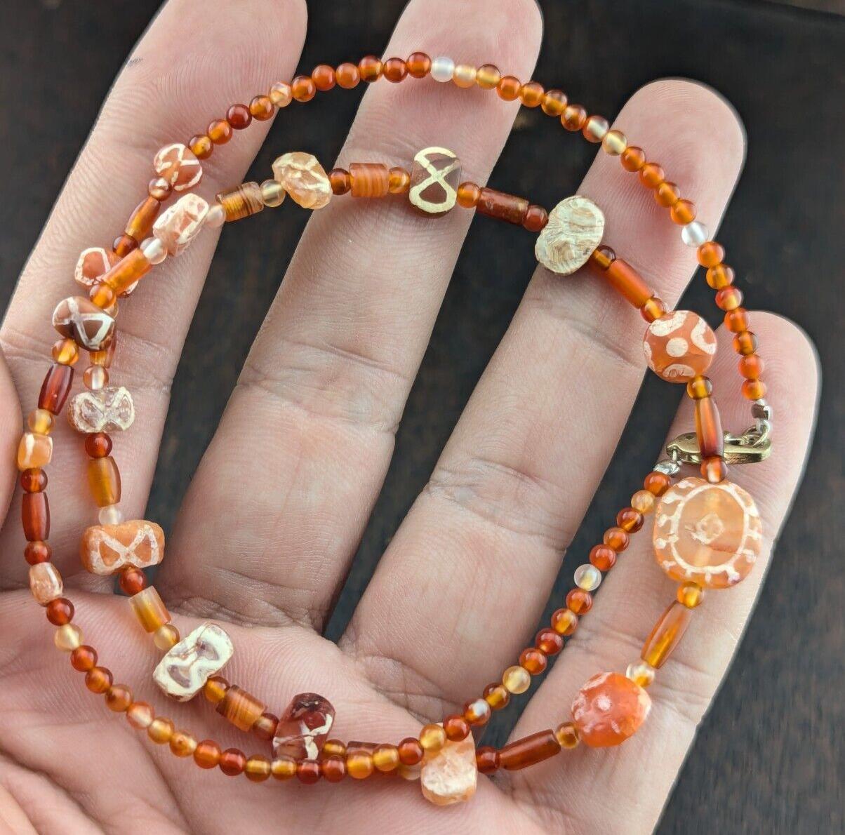 Ancient etched agate bead decorated carnelian beads necklace