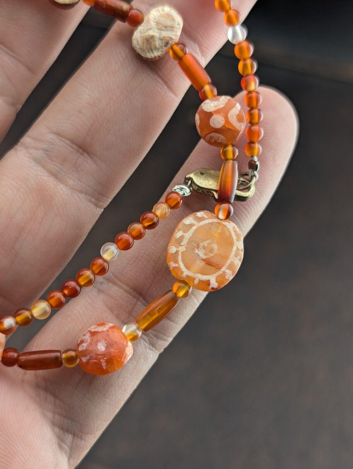 Ancient etched agate bead decorated carnelian beads necklace