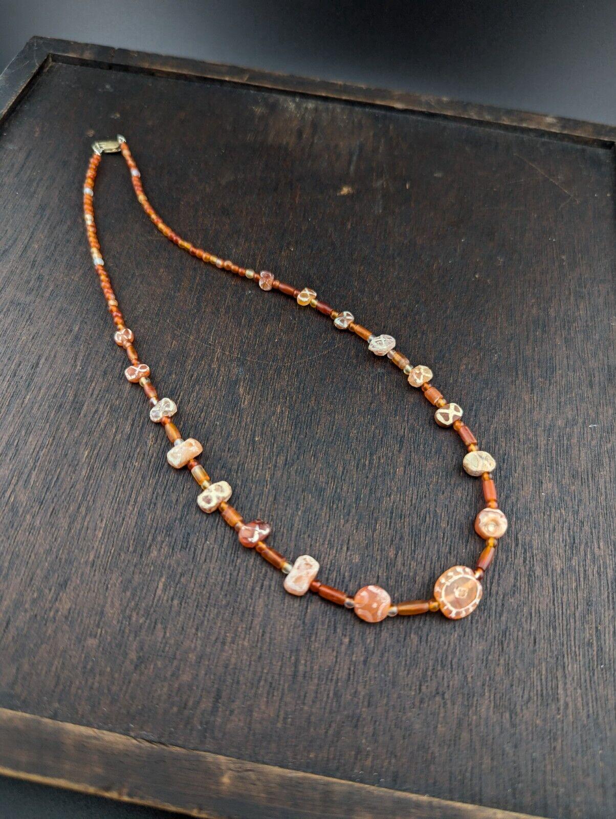 Ancient etched agate bead decorated carnelian beads necklace
