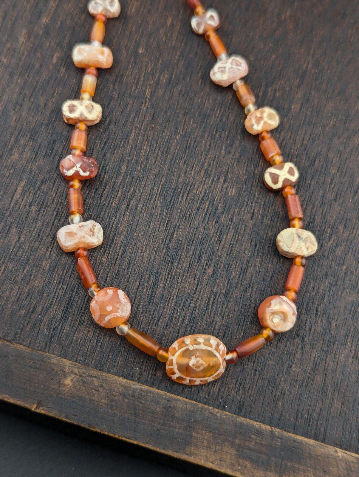 Ancient etched agate bead decorated carnelian beads necklace