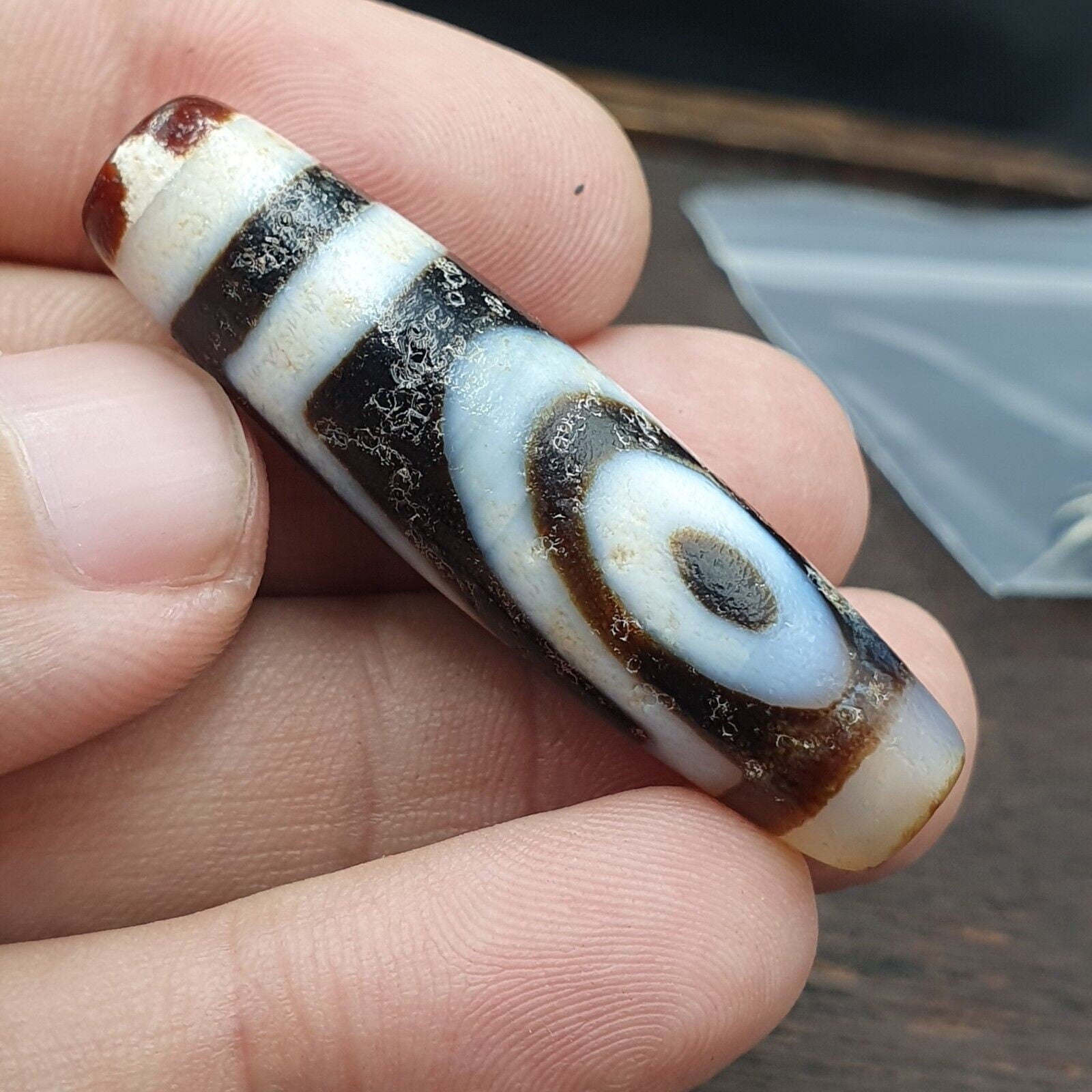 Vintage indo tibetan 2 eyes rare patterns dzi chung agate amulet bead
