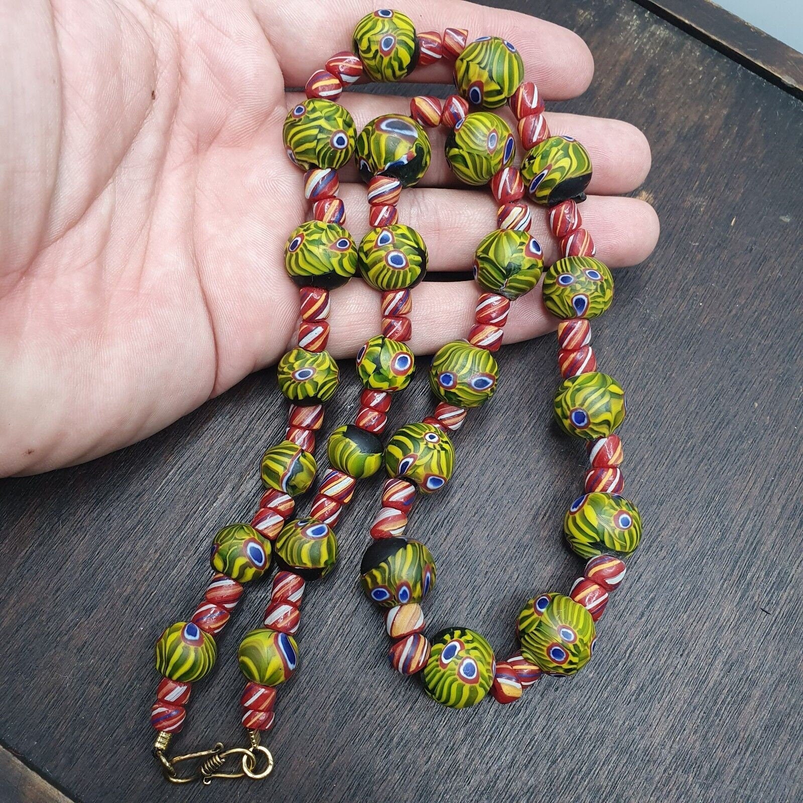 Vintage roman style green gabri eyes and african red glass beads necklaceGift