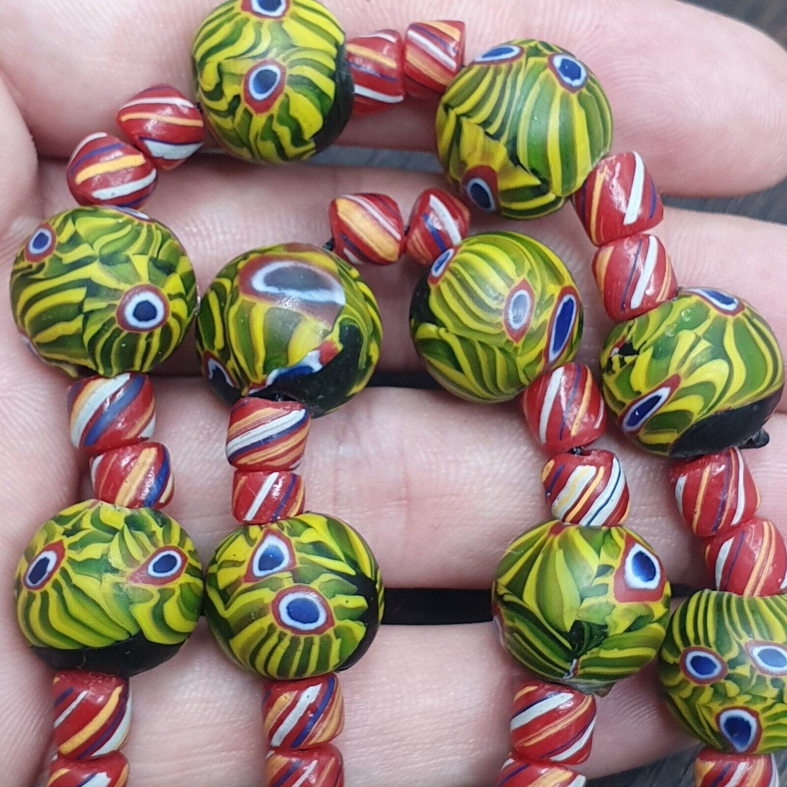 Vintage roman style green gabri eyes and african red glass beads necklaceGift