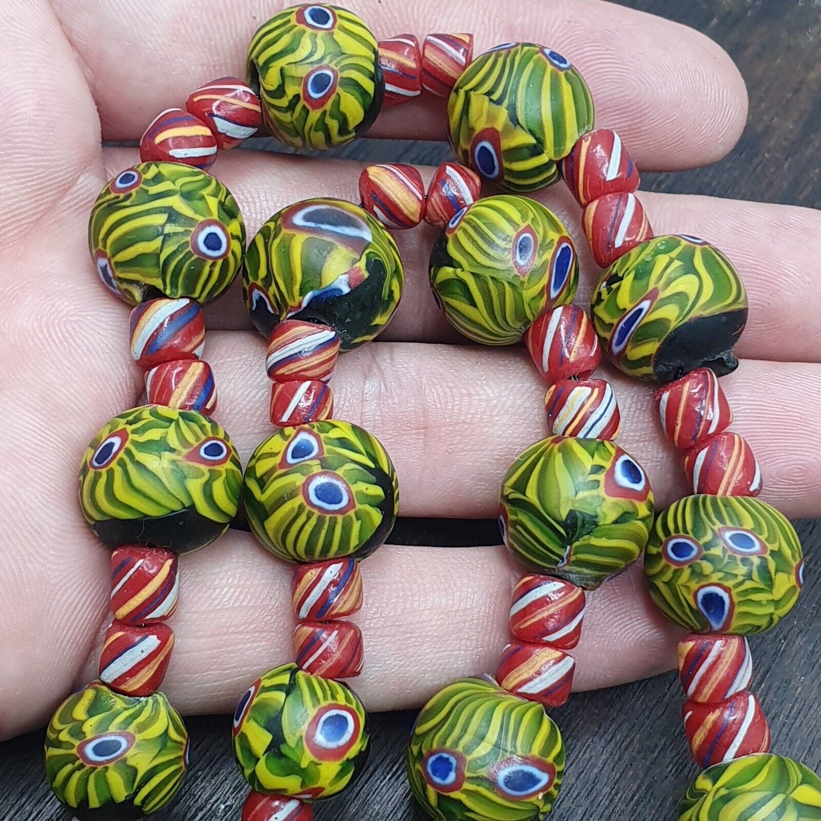 Vintage roman style green gabri eyes and african red glass beads necklaceGift