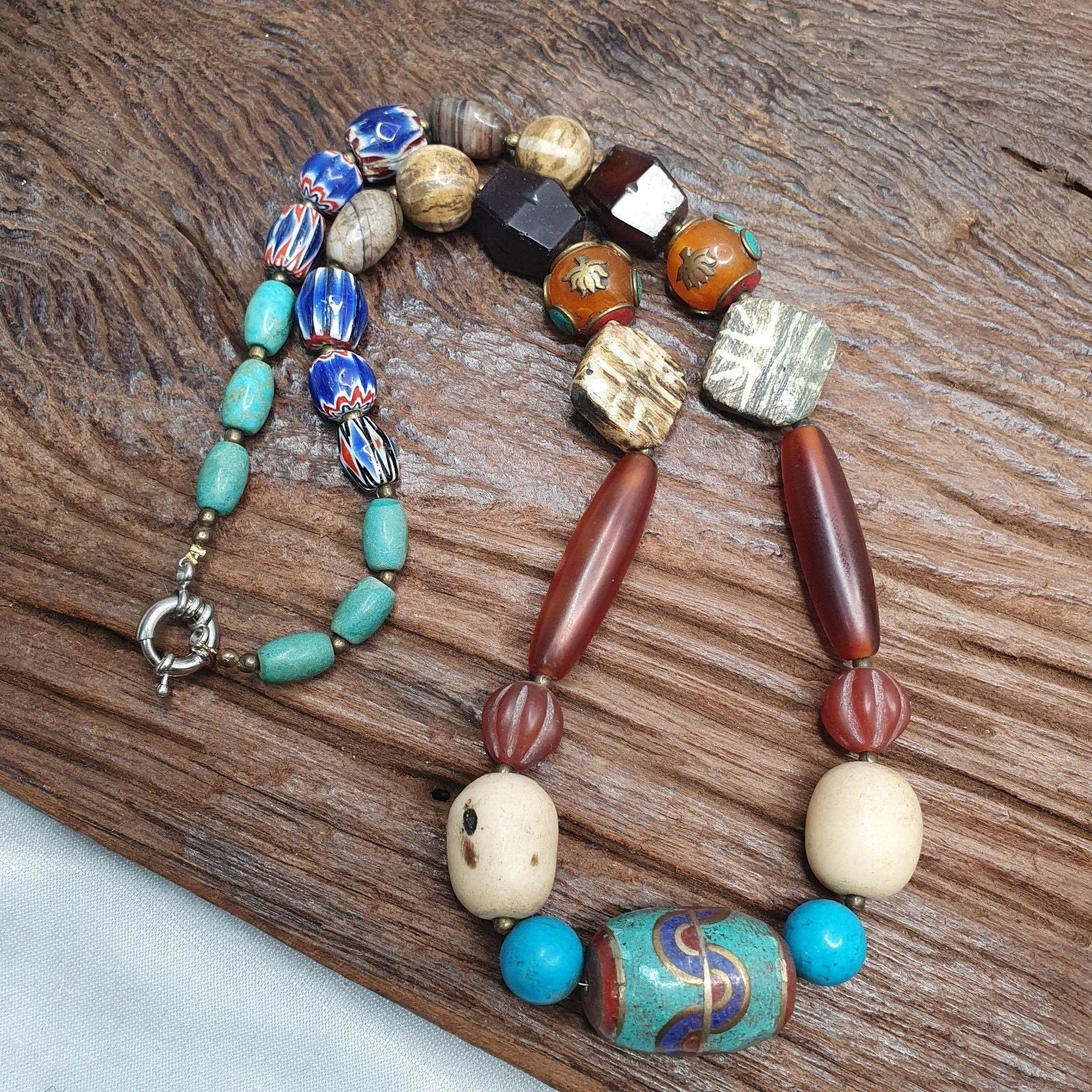 Vintage african beads chevron glass, pumtek, agate and nepal pendant necklaceGift
