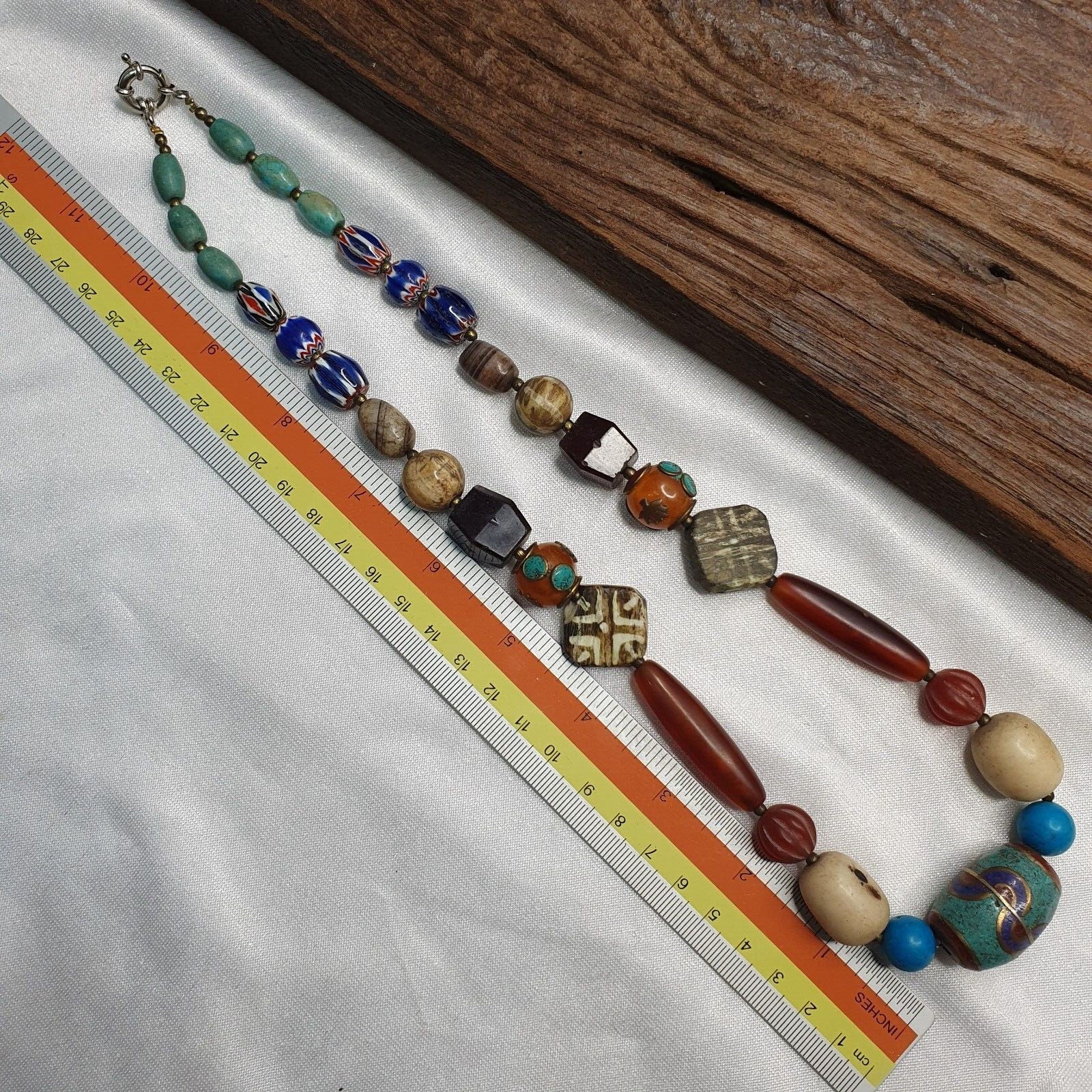 Vintage african beads chevron glass, pumtek, agate and nepal pendant necklaceGift