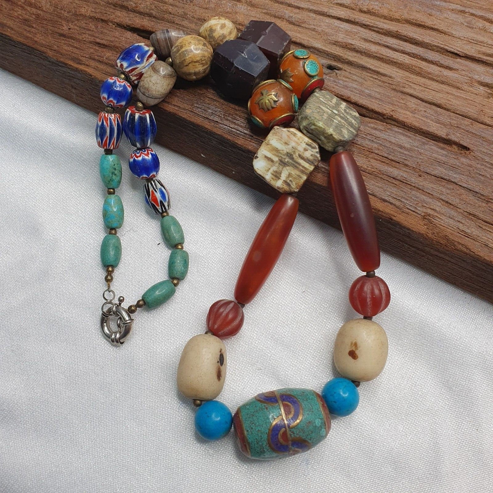 Vintage african beads chevron glass, pumtek, agate and nepal pendant necklaceGift