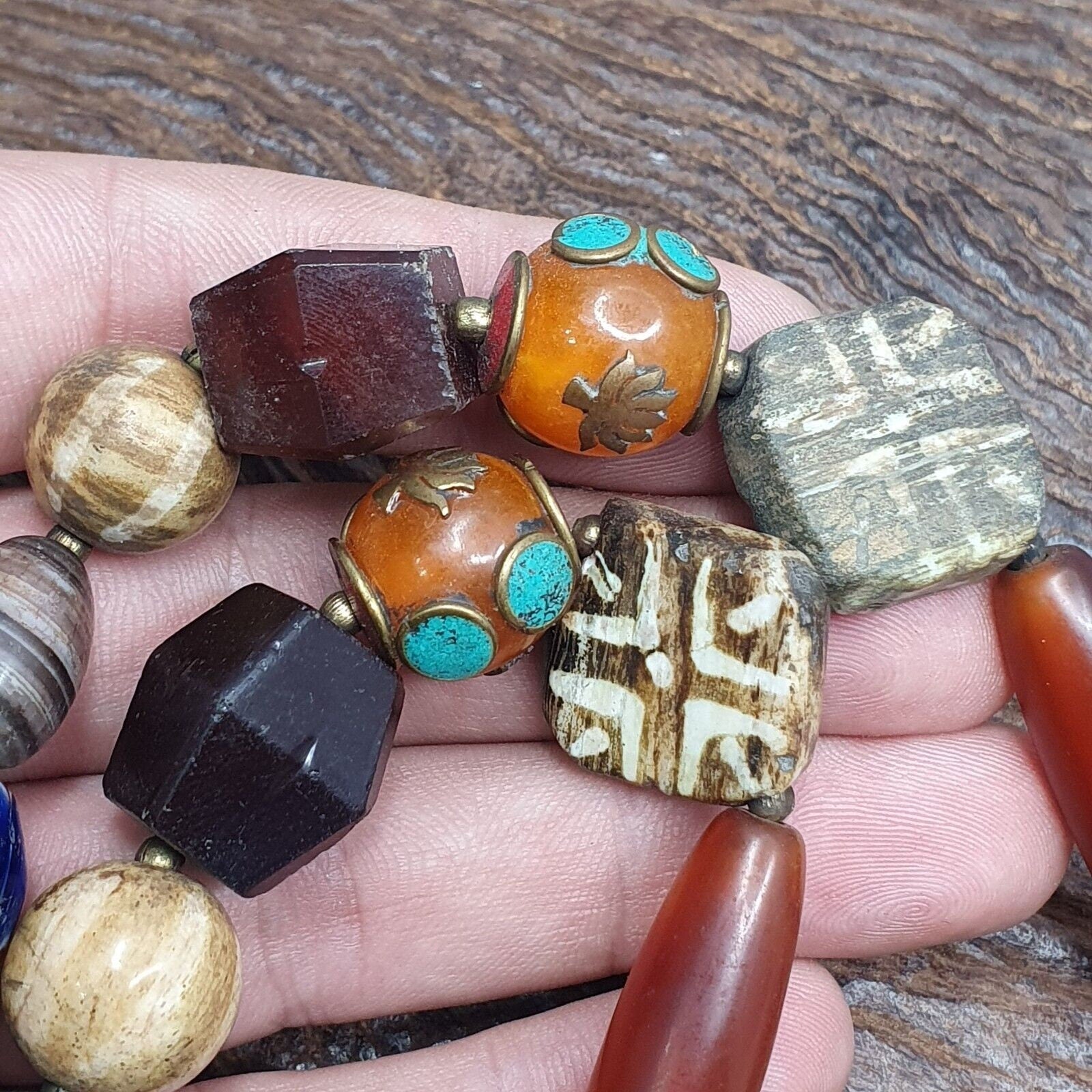 Vintage african beads chevron glass, pumtek, agate and nepal pendant necklaceGift
