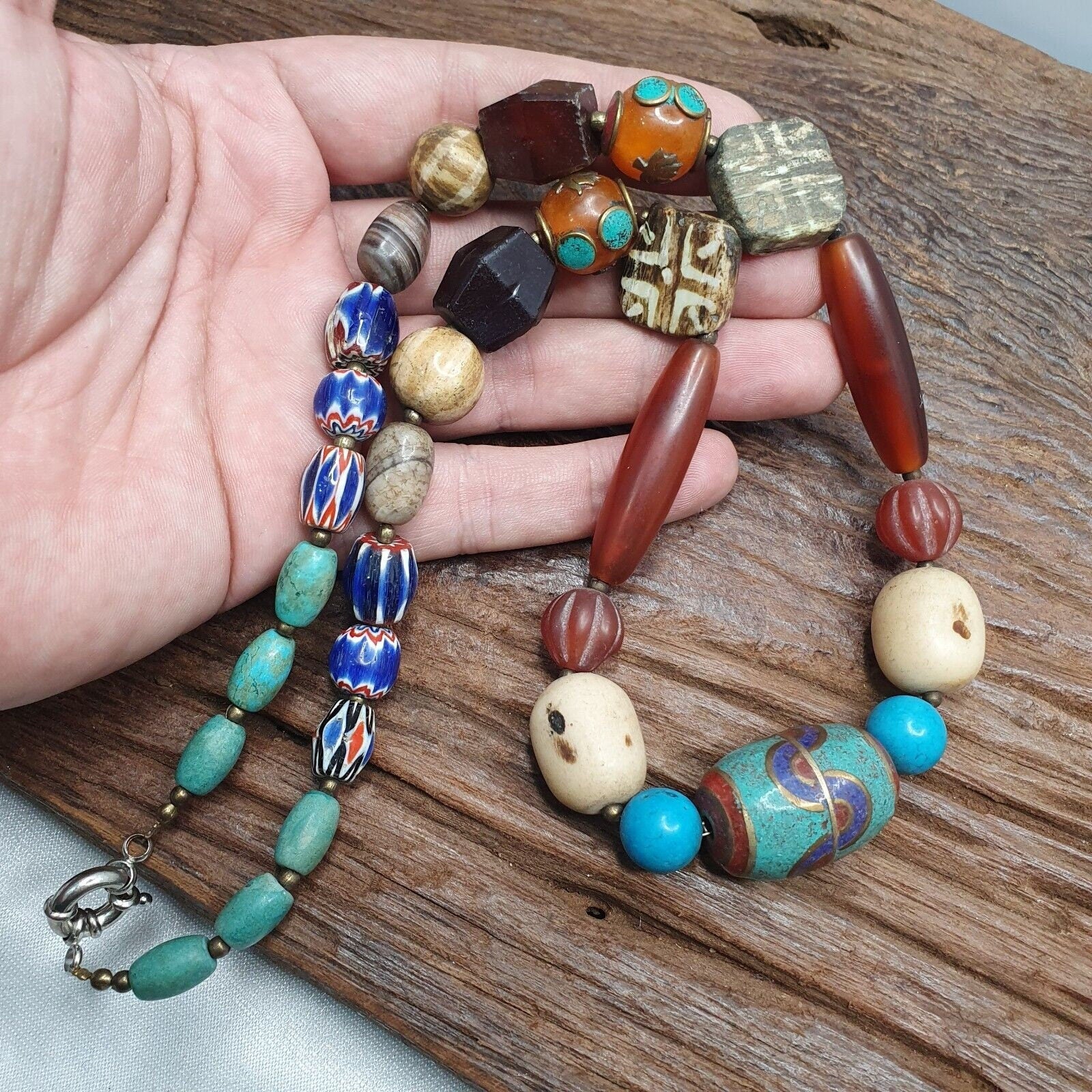 Vintage african beads chevron glass, pumtek, agate and nepal pendant necklaceGift