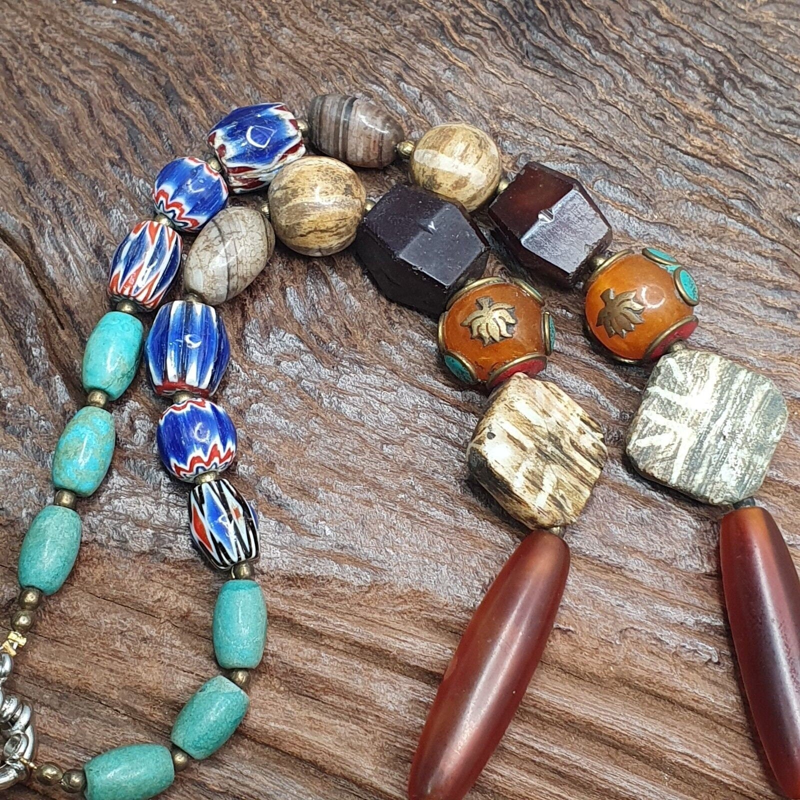 Vintage african beads chevron glass, pumtek, agate and nepal pendant necklaceGift