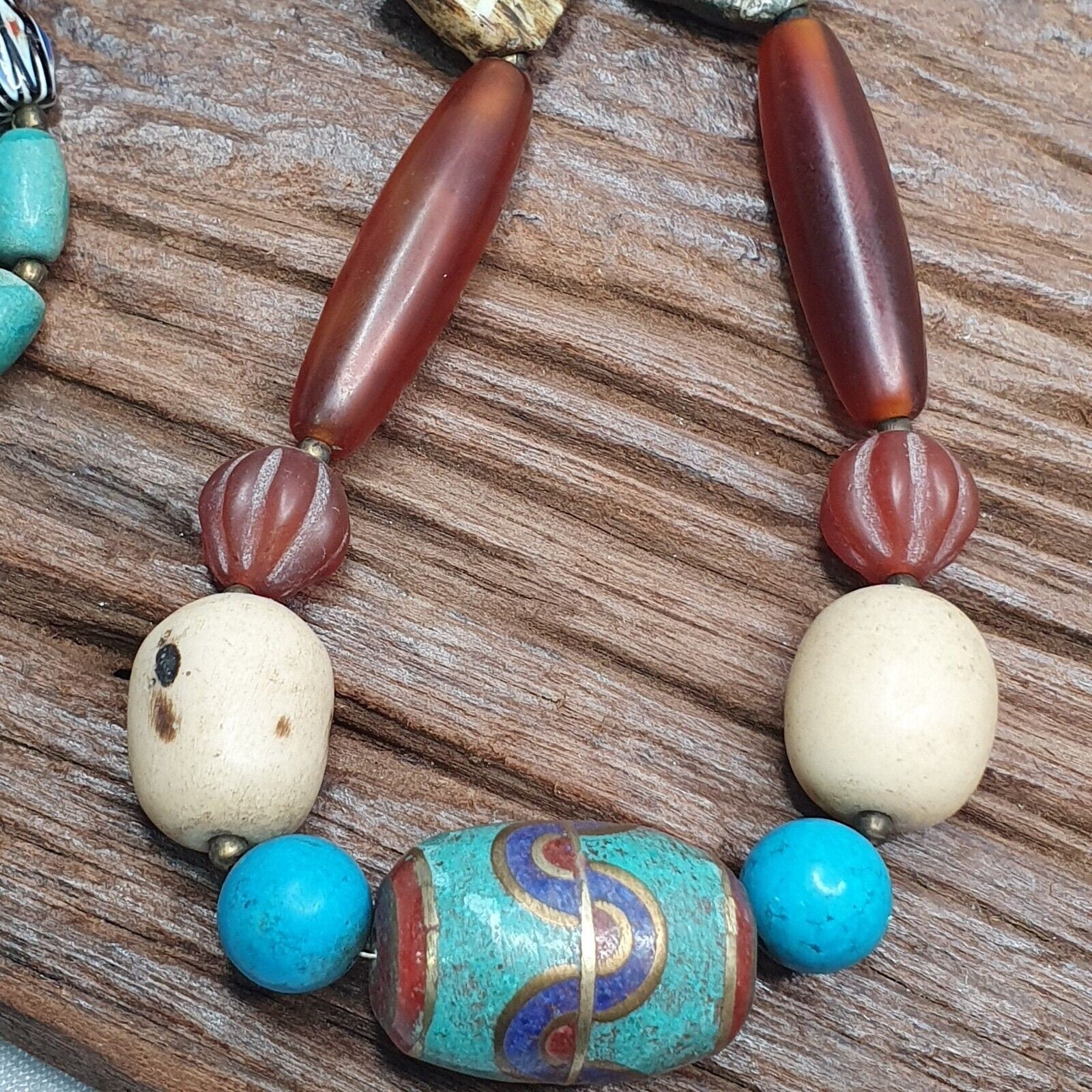 Vintage african beads chevron glass, pumtek, agate and nepal pendant necklaceGift