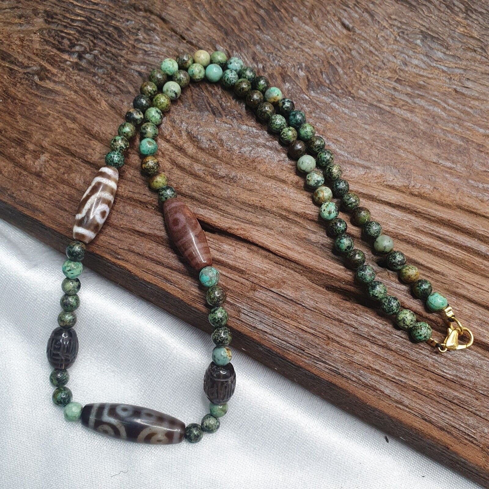 Himalayan indo tibetan dzi beads with african turquoise amulet necklace