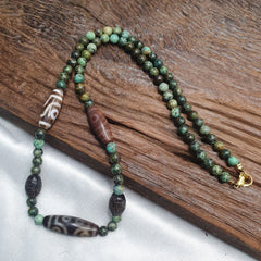 Himalayan indo tibetan dzi beads with african turquoise amulet necklace