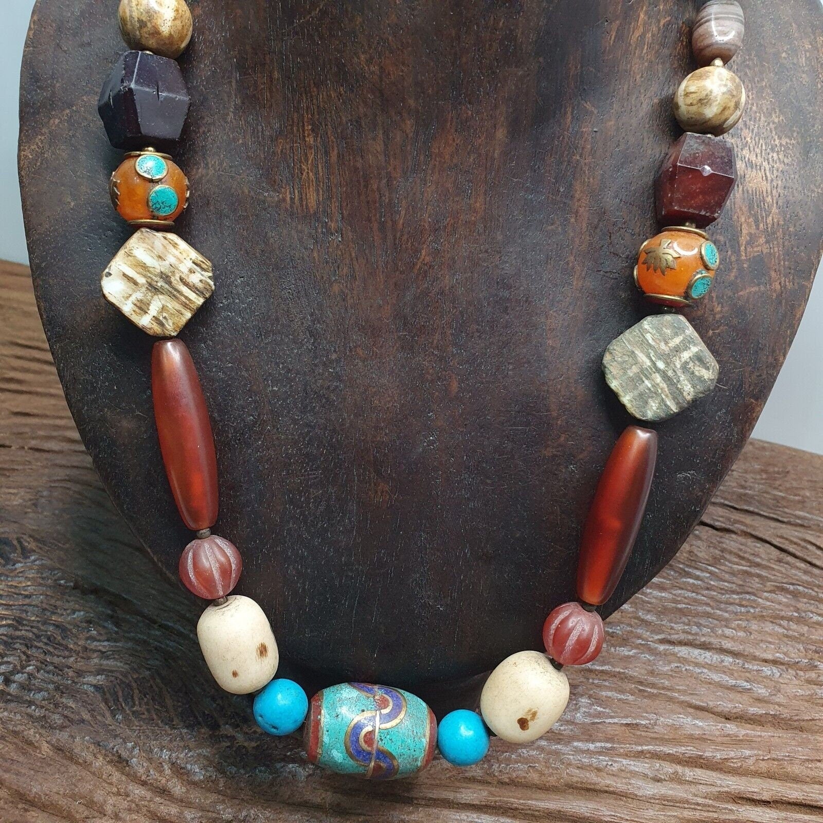 Vintage african beads chevron glass, pumtek, agate and nepal pendant necklaceGift