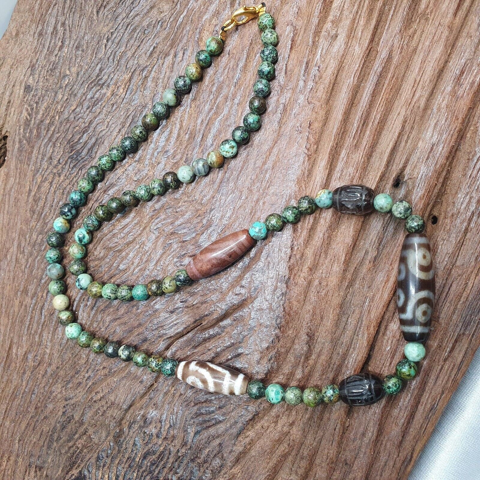 Himalayan indo tibetan dzi beads with african turquoise amulet necklace