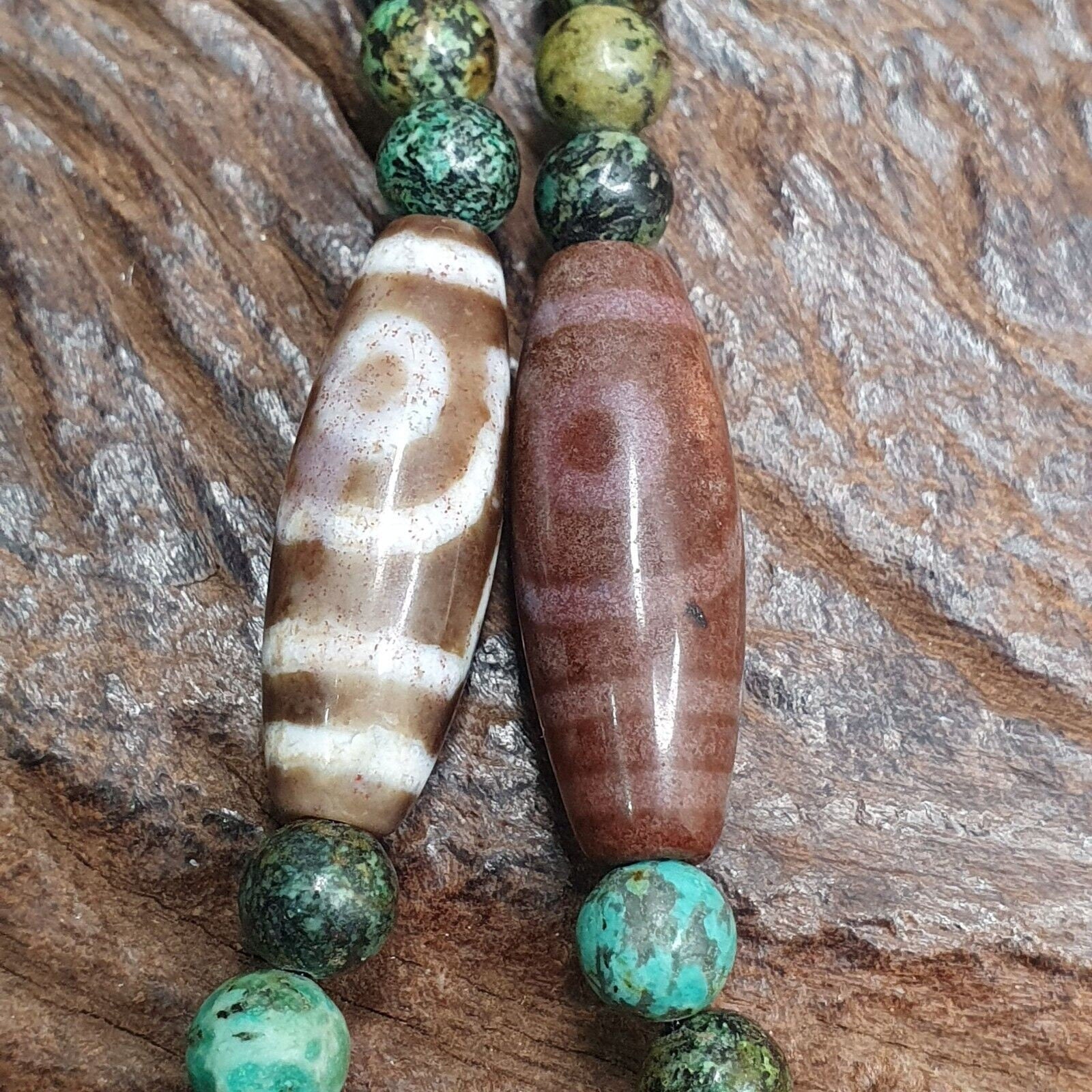 Himalayan indo tibetan dzi beads with african turquoise amulet necklace