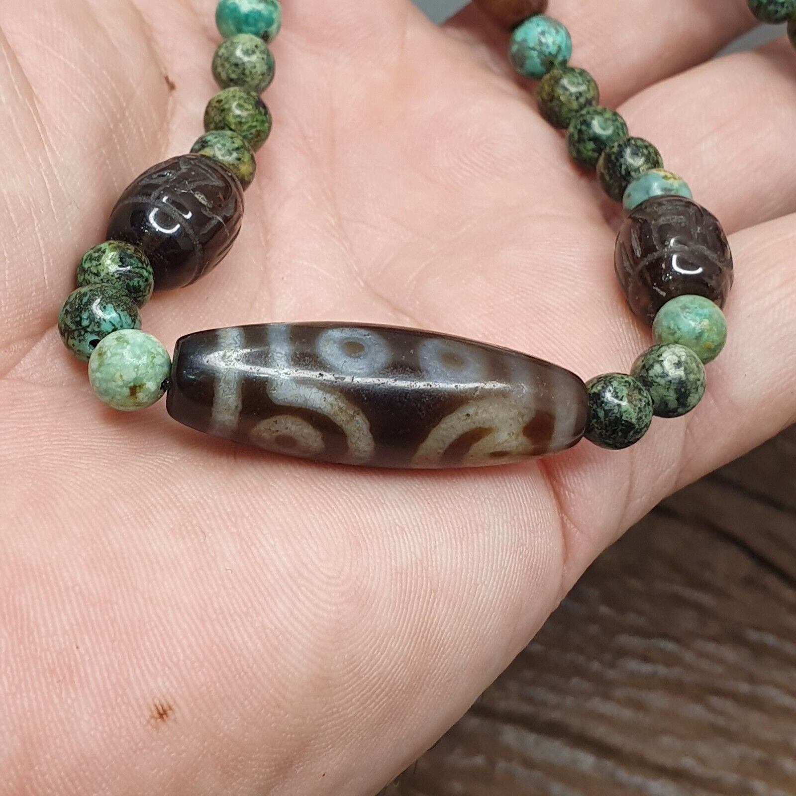 Himalayan indo tibetan dzi beads with african turquoise amulet necklace