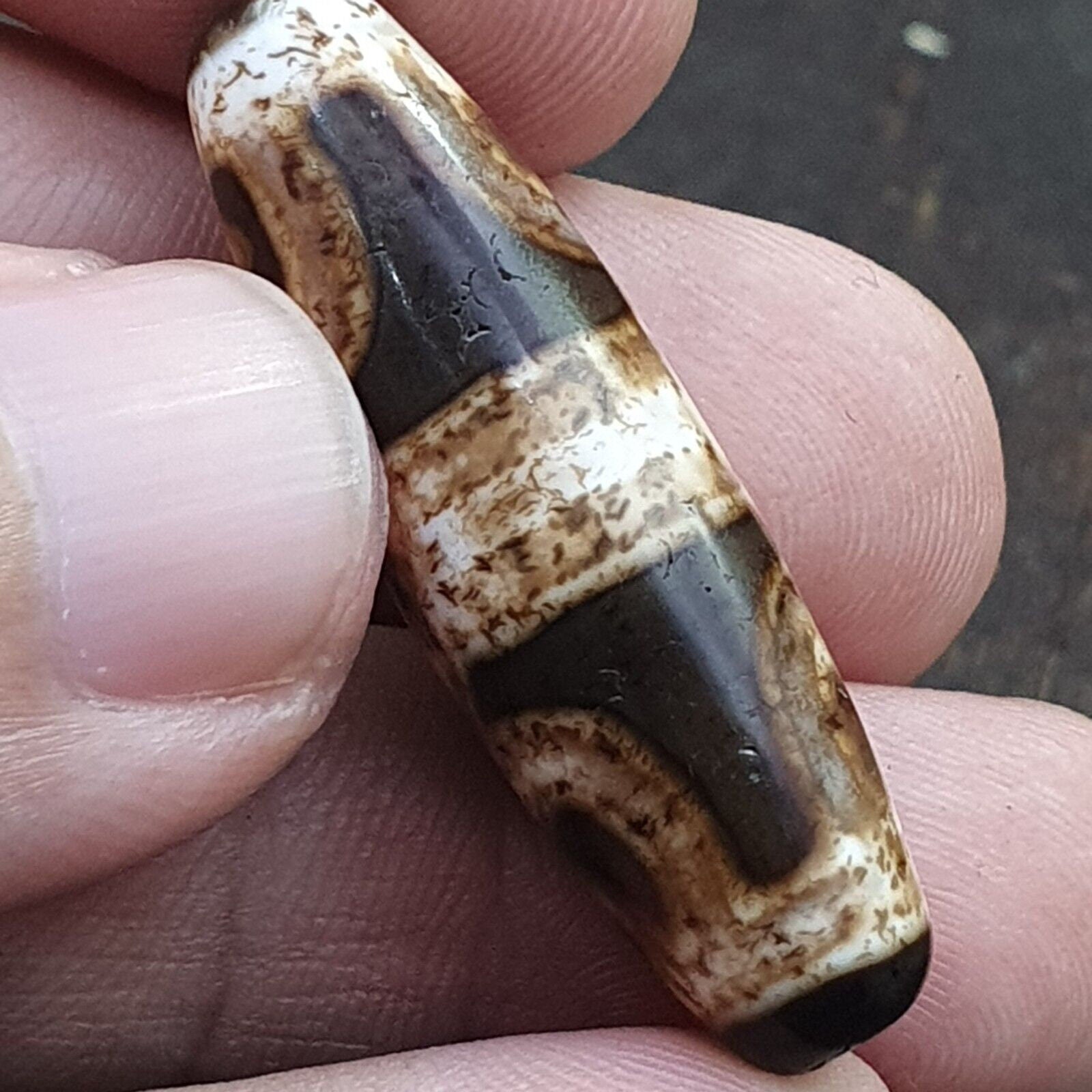 Vintage Agate Dzi Bead Amulet: Indo Tibetan Stone Pendant