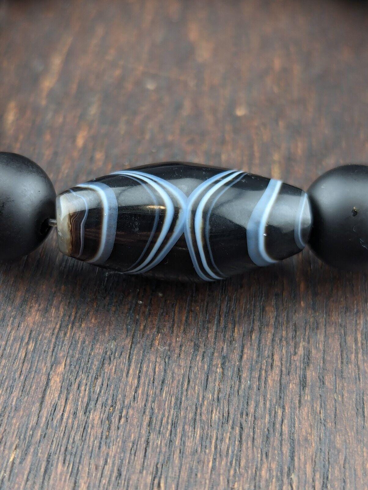 Vintage agate and black onyx beads bracelet #jn-br2