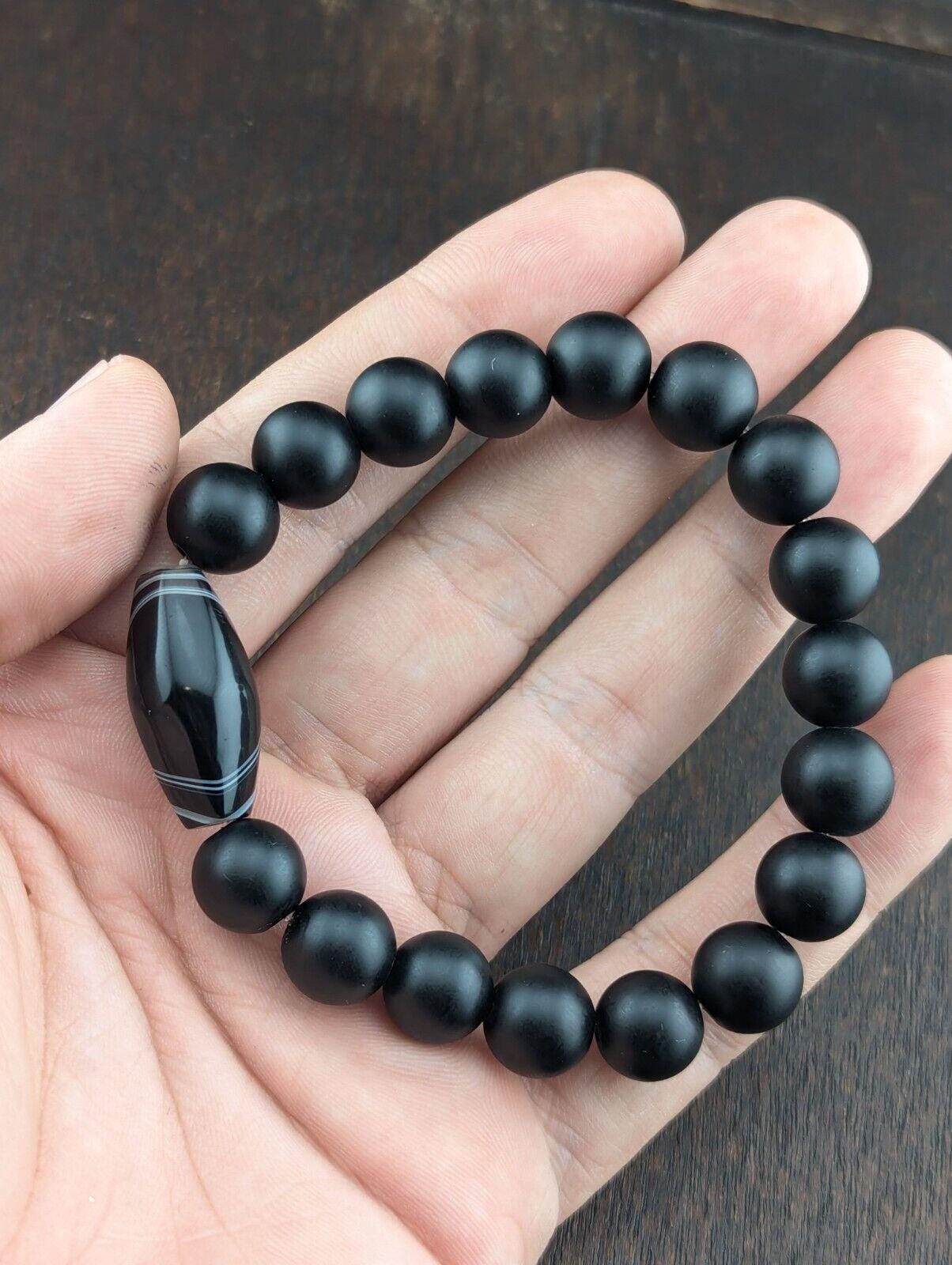 Vintage agate and black onyx beads bracelet #jn-br2