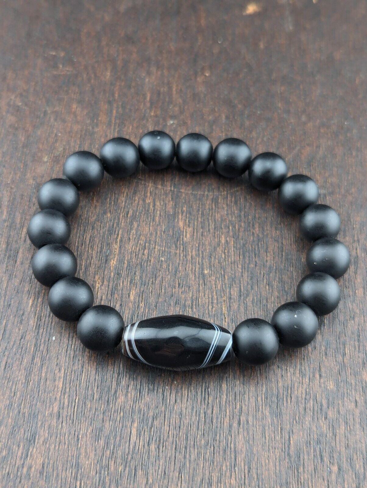 Vintage agate and black onyx beads bracelet #jn-br2