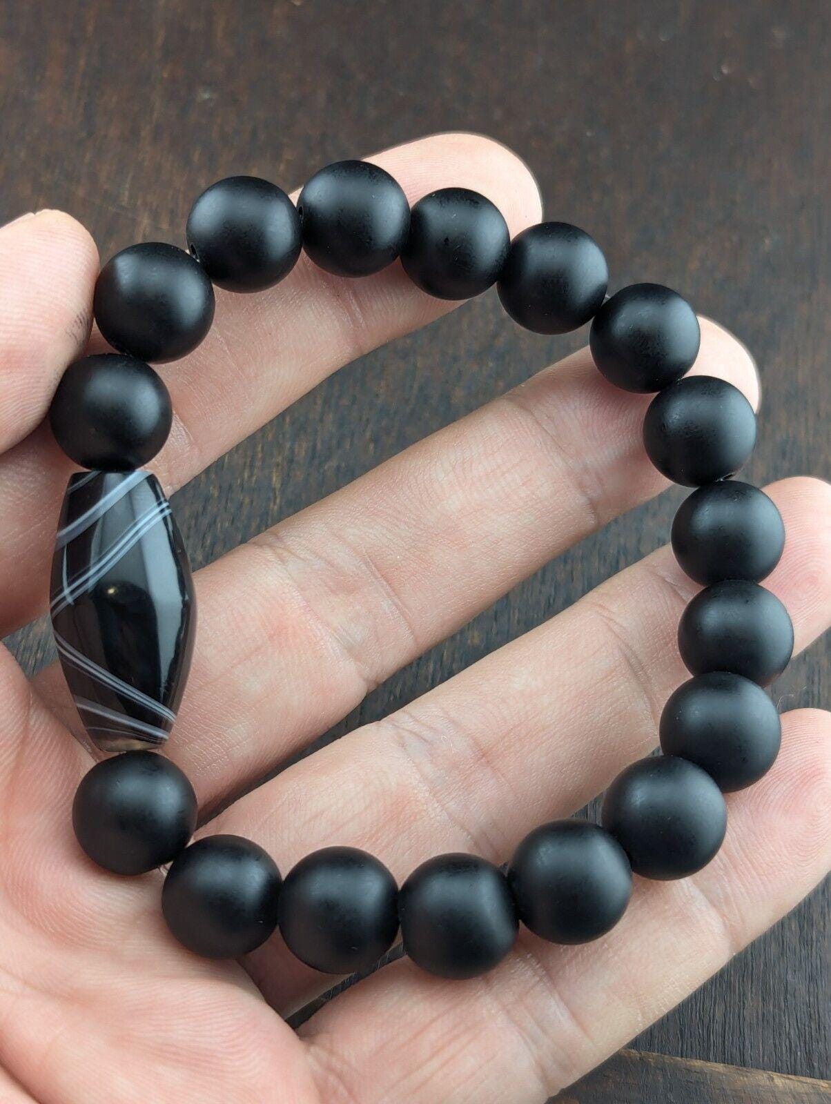 Vintage agate and black onyx beads bracelet #jn-br2