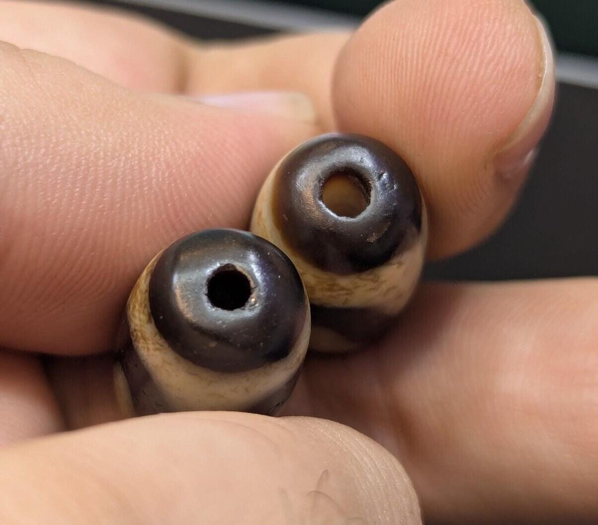 2 vintage old himalayan indo tibetan dogteeth dzi agate bead unique pattern
