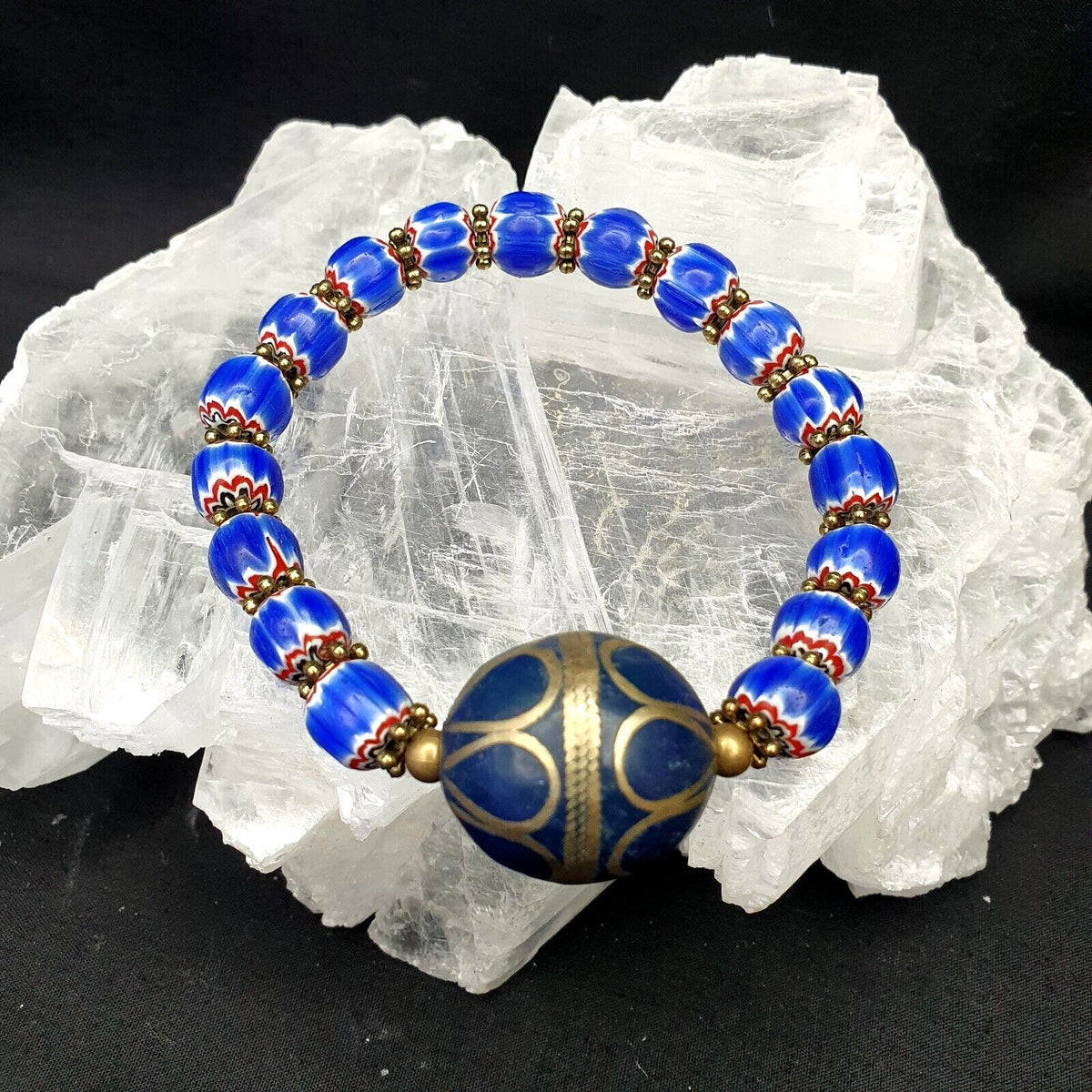 Vintage Blue Venetian Chevron Bead Bracelet: Afghan Style