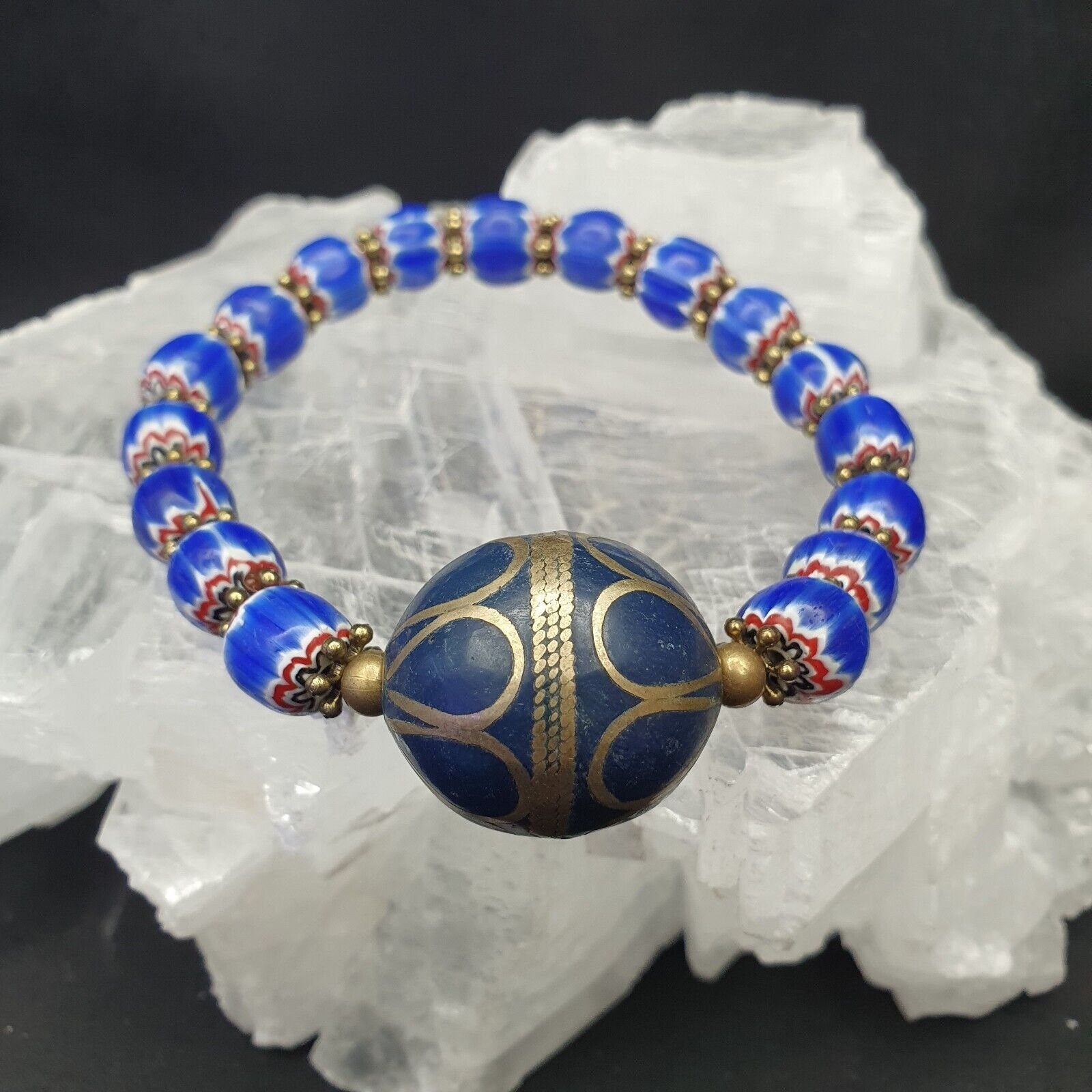 Vintage Blue Venetian Chevron Bead Bracelet: Afghan Style