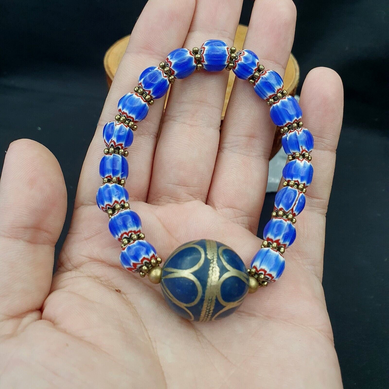 Vintage Blue Venetian Chevron Bead Bracelet: Afghan Style