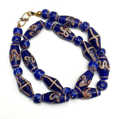 Vintage Blue Floral Art Glass Bead Necklace