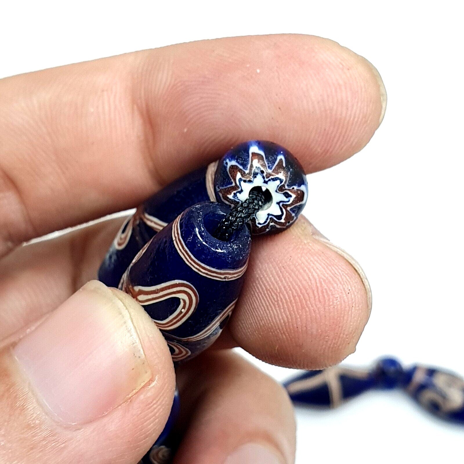 Vintage Blue Floral Art Glass Bead Necklace