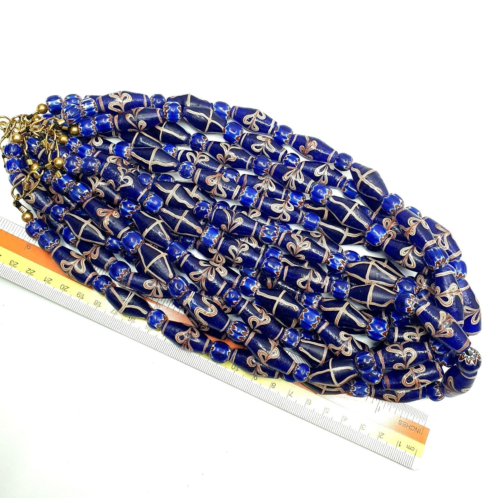 Vintage Blue Floral Art Glass Bead Necklace