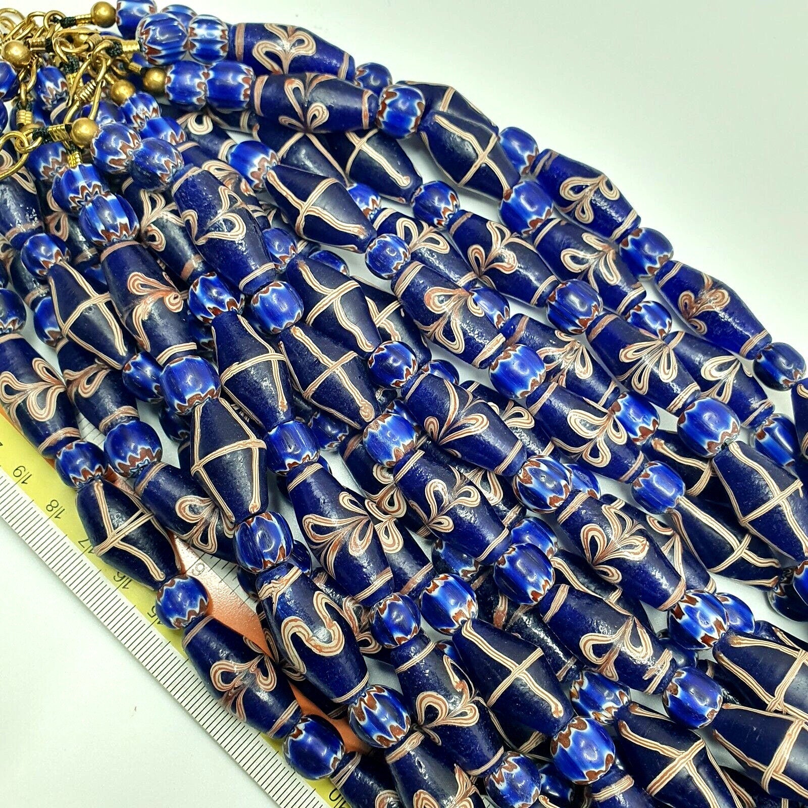 Vintage Blue Floral Art Glass Bead Necklace