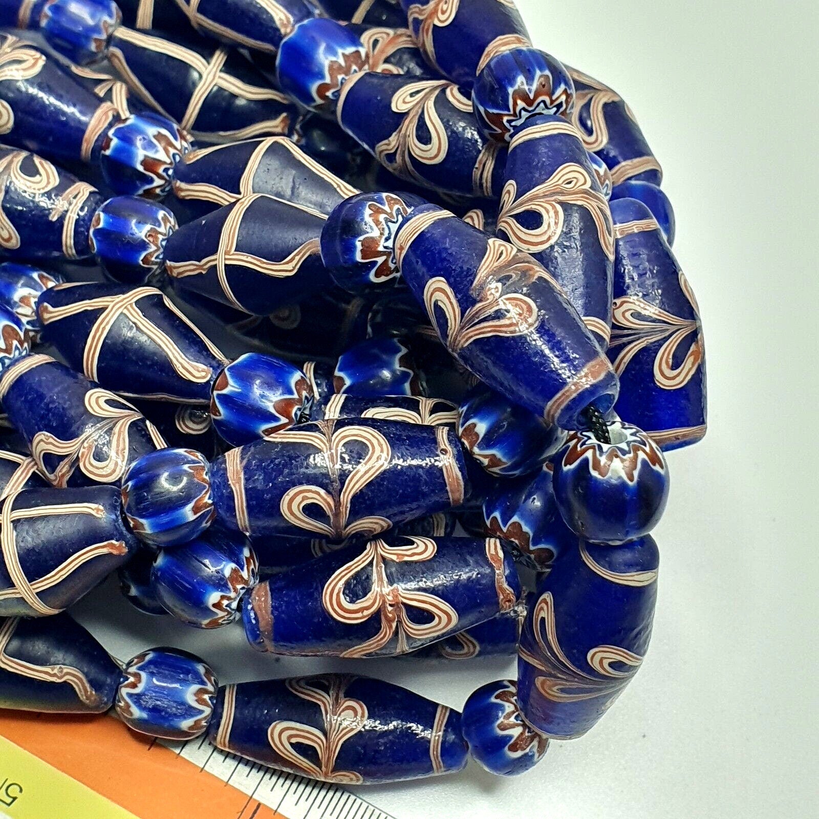 Vintage Blue Floral Art Glass Bead Necklace