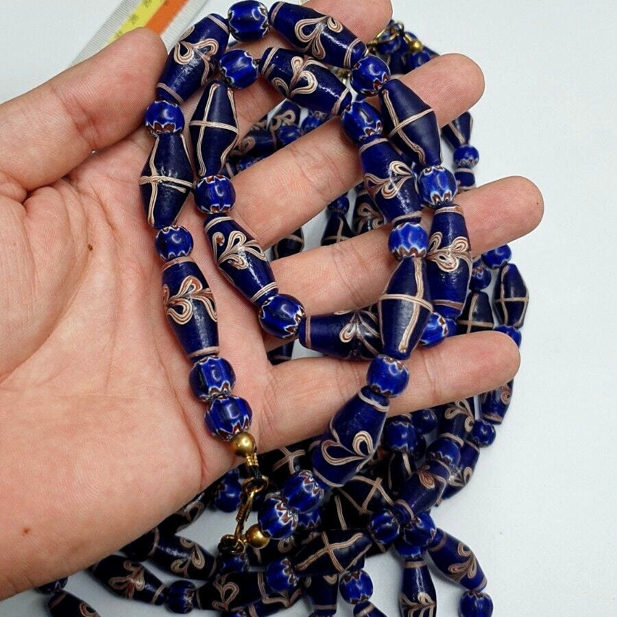 Vintage Blue Floral Art Glass Bead Necklace