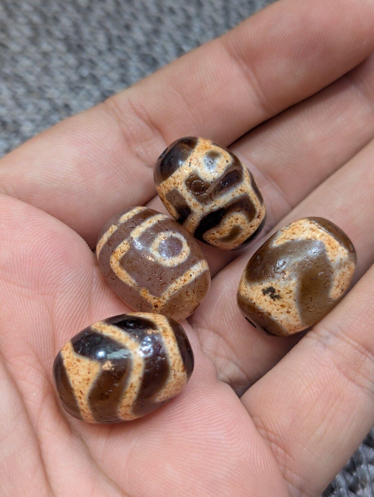 Lot 4 antique old tibetan unique patterns agate stone dzi bead amulets