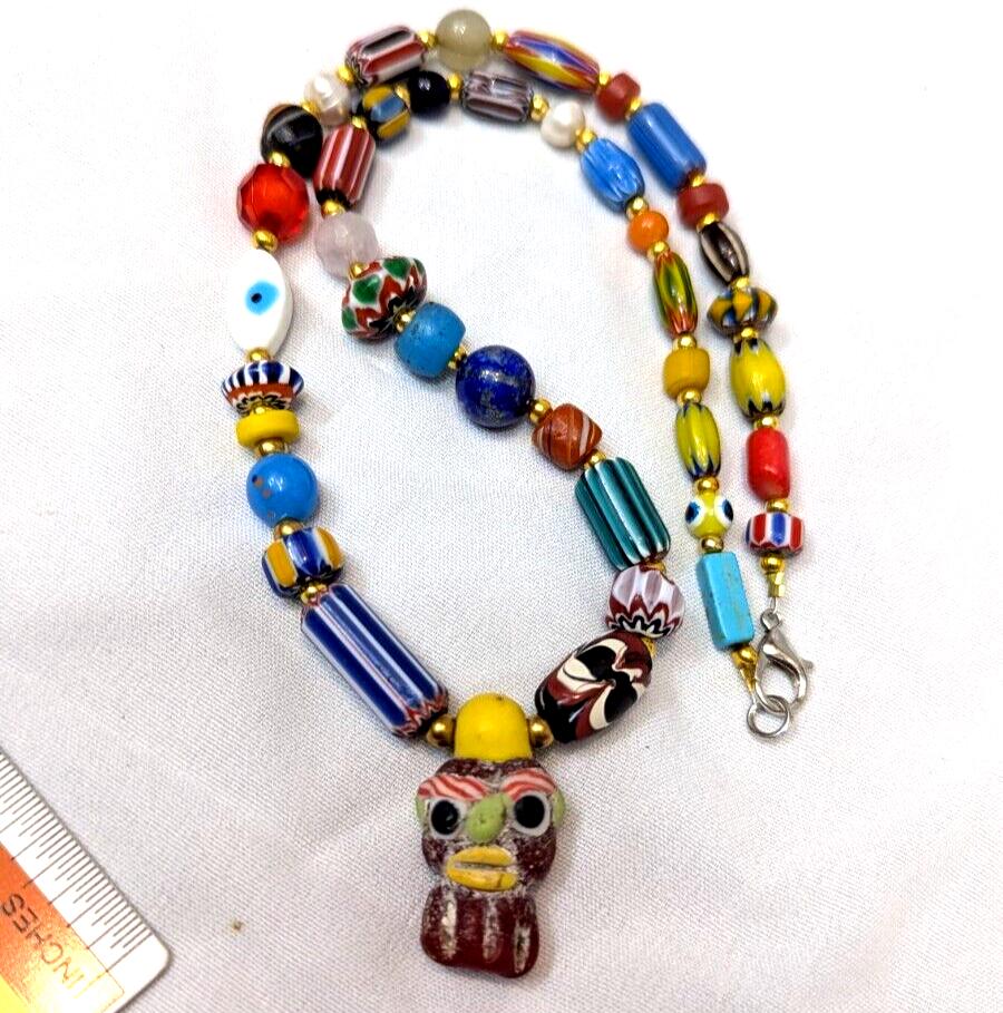 Vintage handmade face bead mix chevron glass beaded necklace #3Gift
