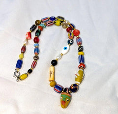 Vintage handmade face bead mix chevron glass beaded necklace #1Gift