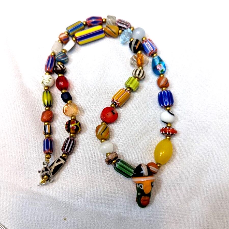 Vintage handmade face bead mix chevron glass beaded necklace #2Gift