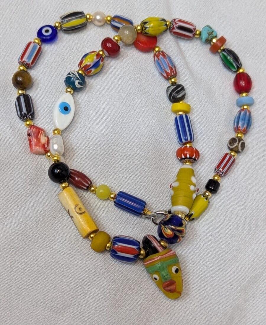 Vintage handmade face bead mix chevron glass beaded necklace #1Gift