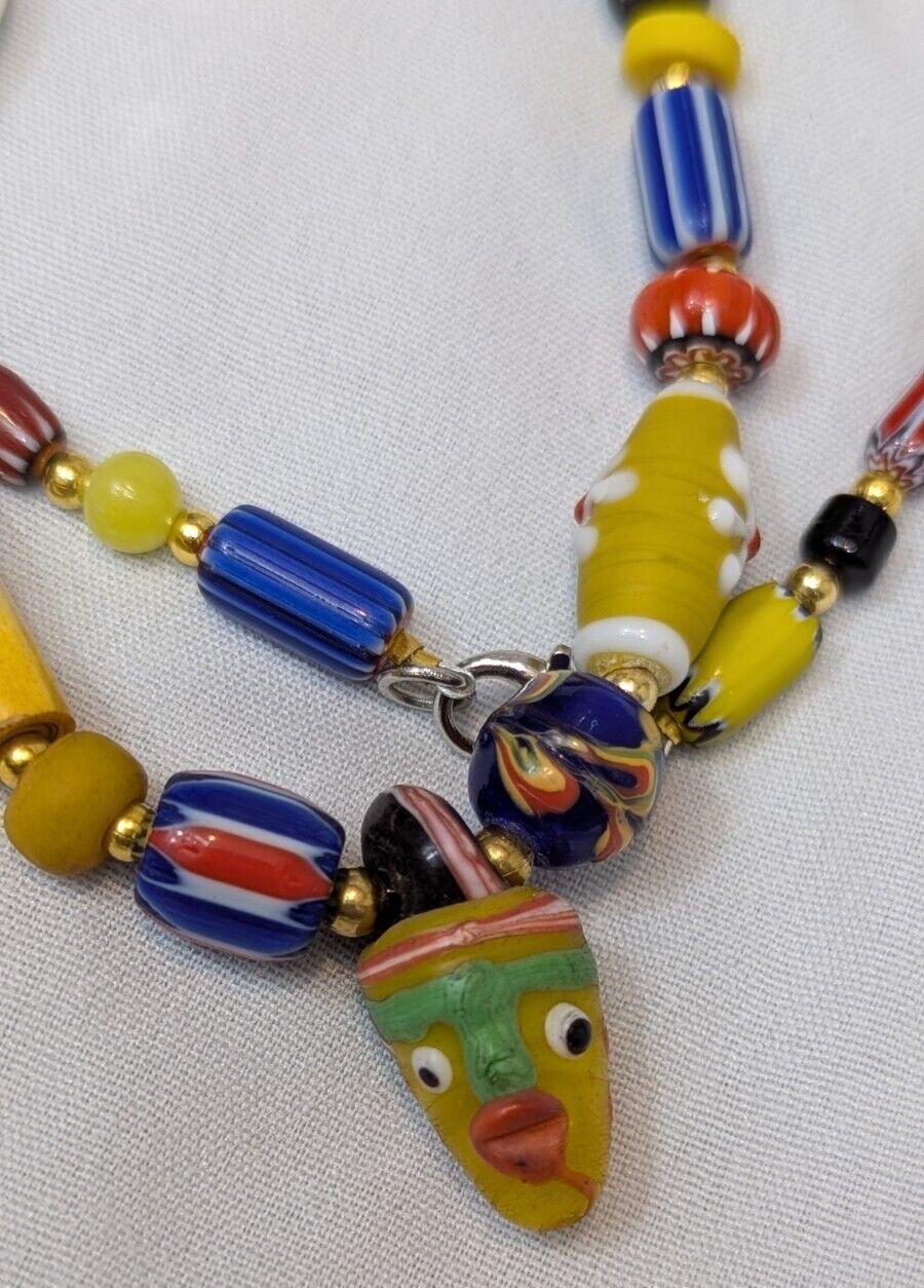 Vintage handmade face bead mix chevron glass beaded necklace #1Gift