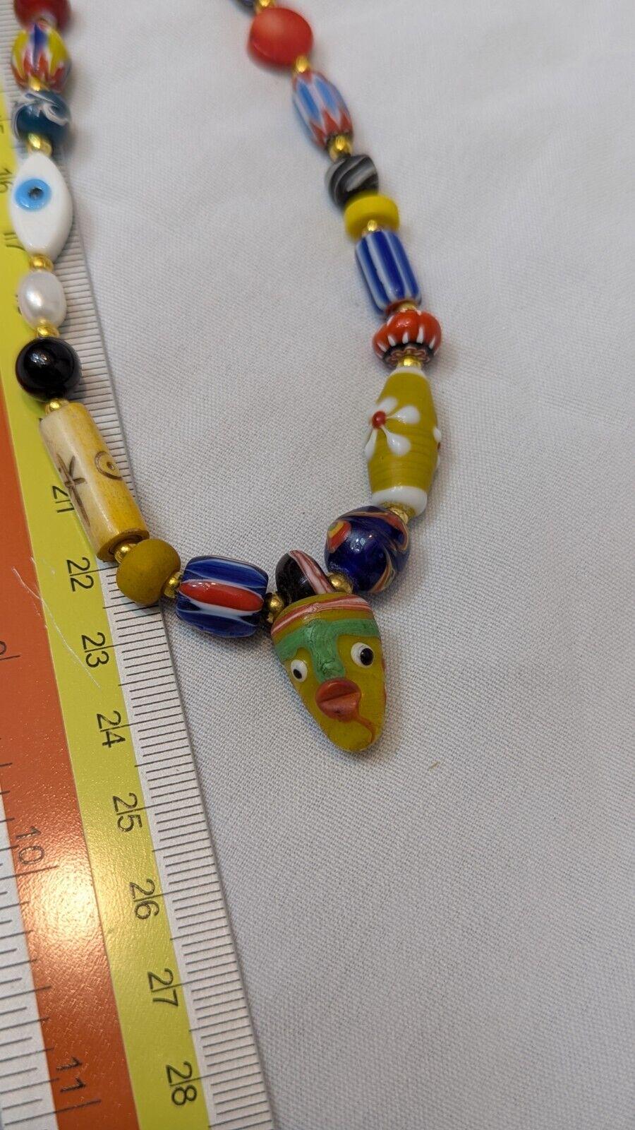 Vintage handmade face bead mix chevron glass beaded necklace #1Gift